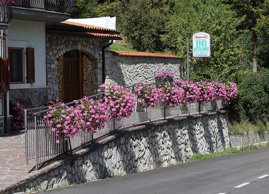 B&B familiare Opi La Sosta, terrazza esterna con insegna, fiori e muri in pietra lungo la strada
